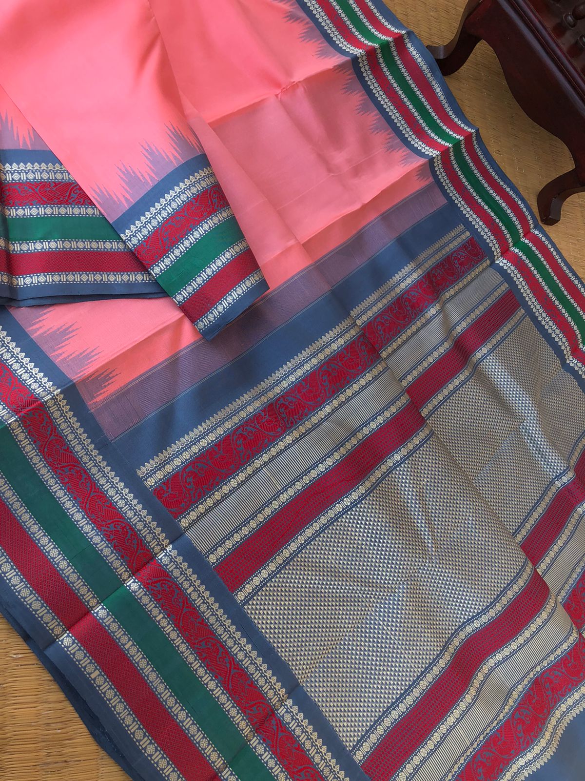 Silk Play on No Zari Kanchivaram - unusual pink and grey with intricate yali and killi woven borders