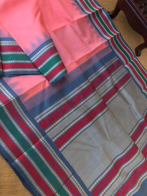 Silk Play on No Zari Kanchivaram - unusual pink and grey with intricate yali and killi woven borders