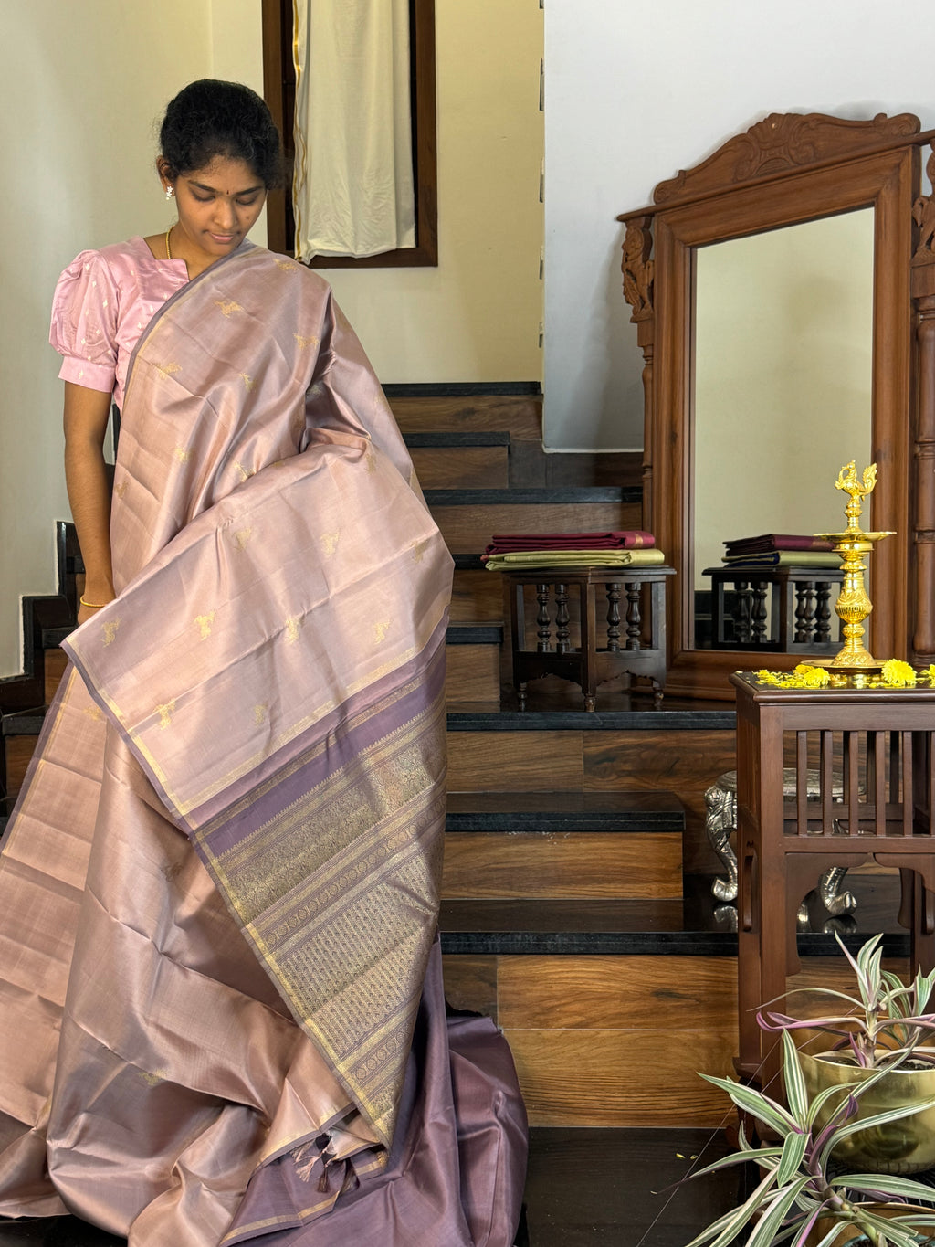 Mohaa - Beautiful Borderless Kanchivaram - a pastel pale rose gold deer buttas