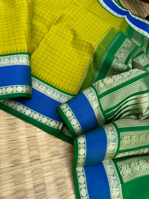 The Best of No Zari Korvai Kanchivaram - most beautiful sampanga green and blue with kattam and retta pett woven borders