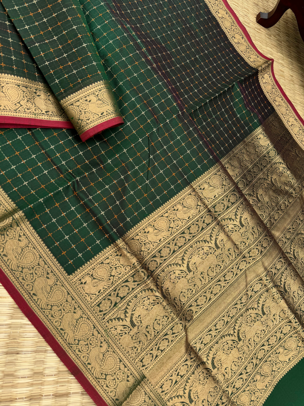 Woven Motifs Silk Cotton - deep dark Meenakshi green pluse buttas