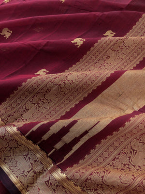 Mangalavastaram - Zari Touched - beautiful deep reddish maroon yali woven borders with yali woven buttas