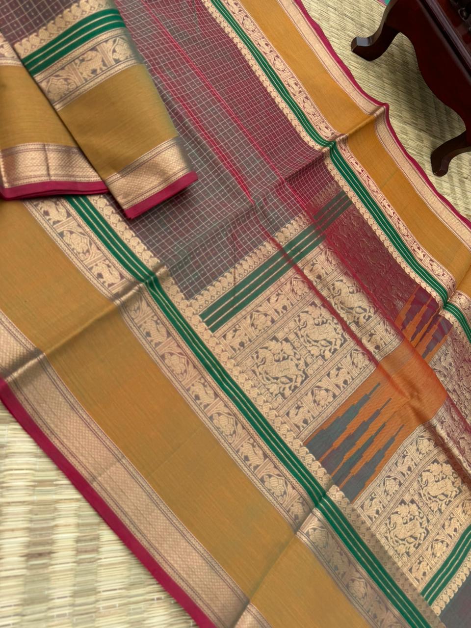 Woven Motifs Silk Cotton - unusual red short green lakshadeepam