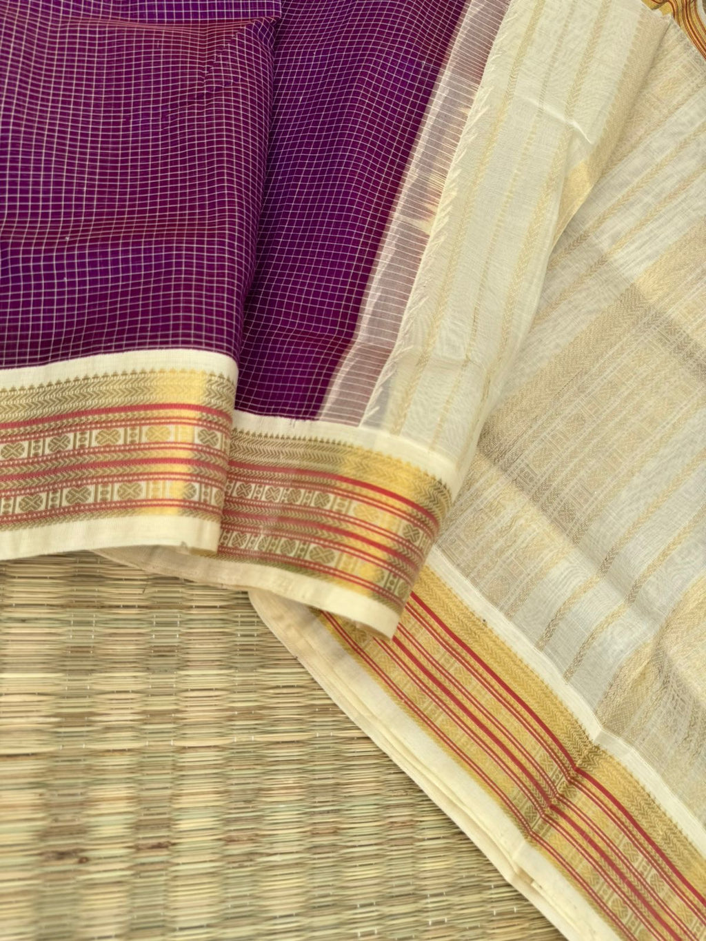 Korvai Silk Cottons - deep dark purple and off white with podi kattam woven body