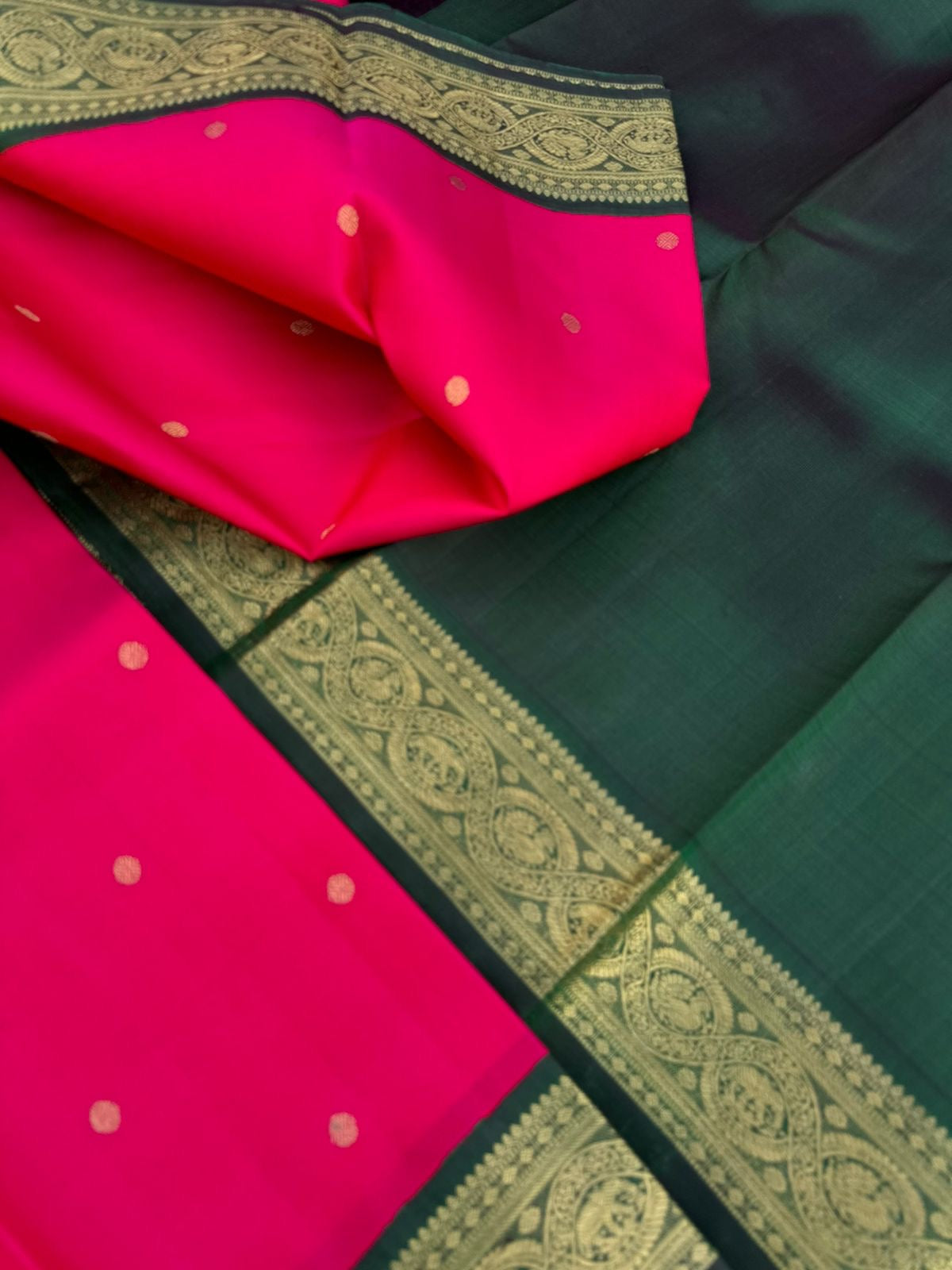 Meenakshi - Heirloom Korvai Kanchivaram - pink and Meenakshi green with elephant and annapakshi woven borders