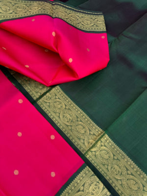 Meenakshi - Heirloom Korvai Kanchivaram - pink and Meenakshi green with elephant and annapakshi woven borders