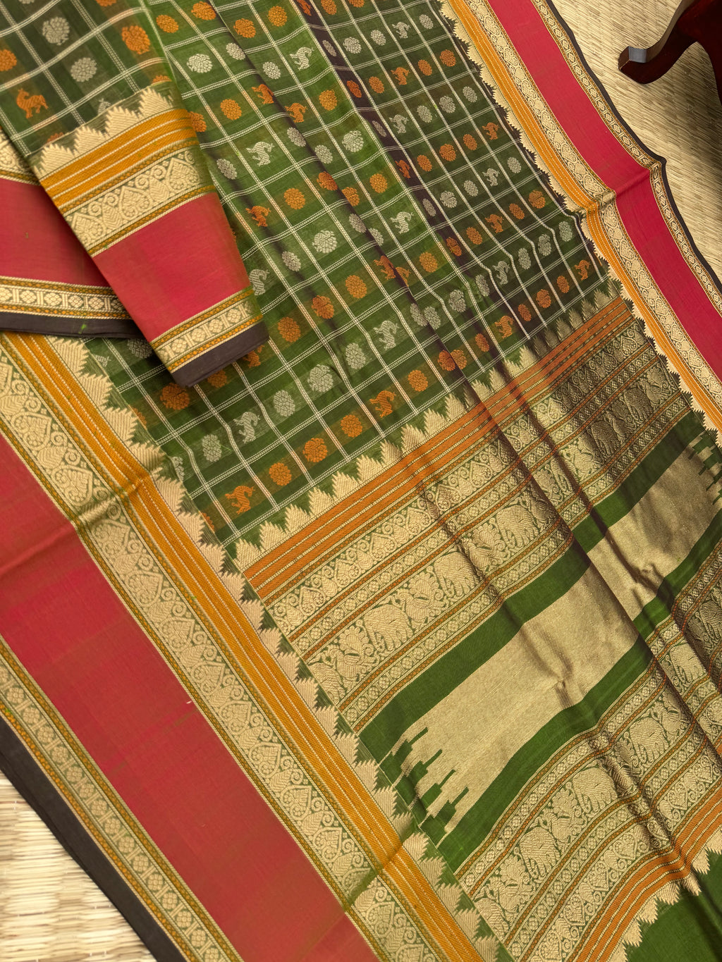 Woven Motifs Silk Cotton - olive green 1000 buttas