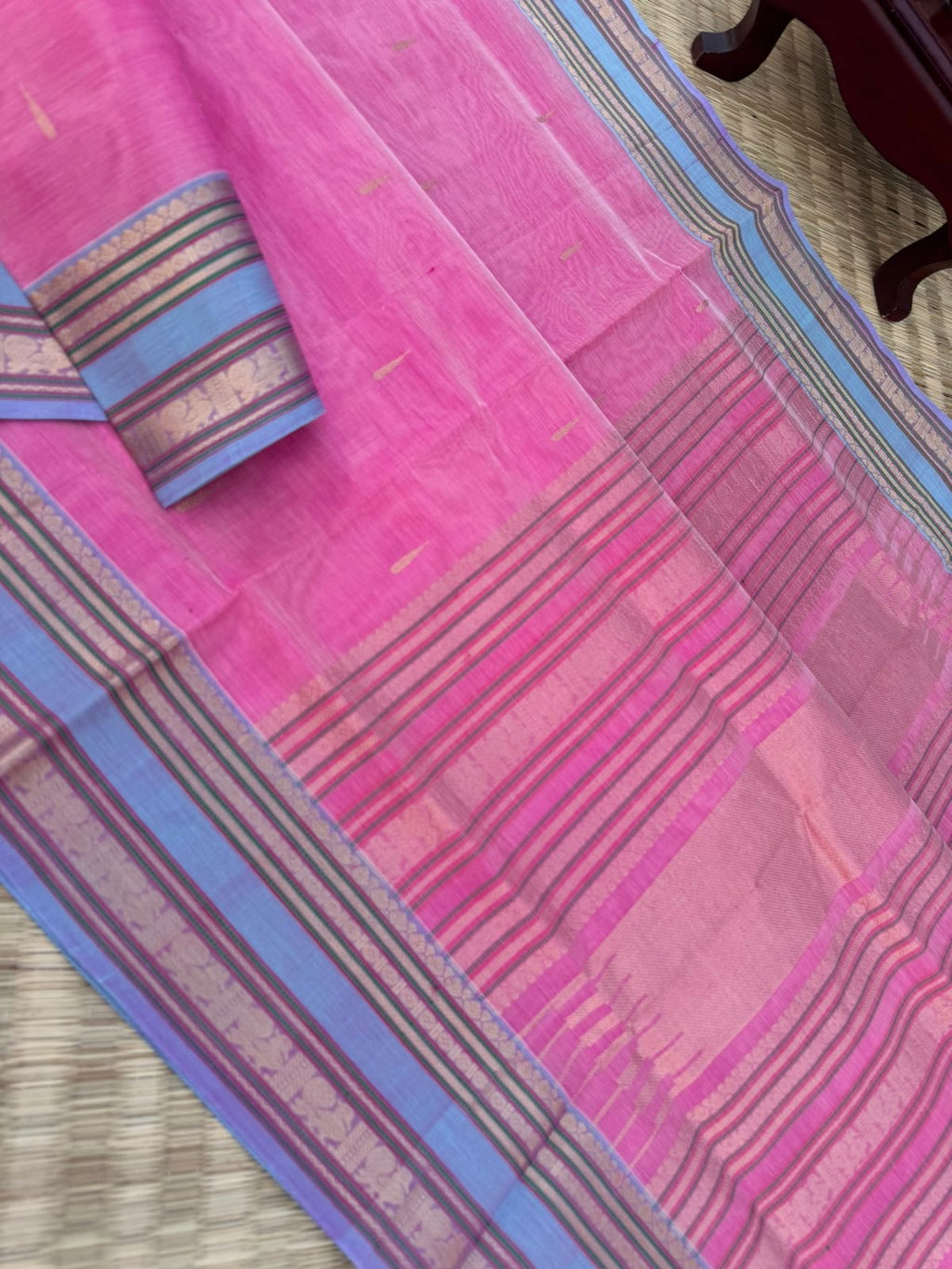 Pastels on Zari Kissed Silk Cotton - pastel rose pink rain drops sarees with lavender borders is the best