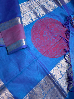 Zari Kissed Silk Cotton -different blue with center buttas woven pallu