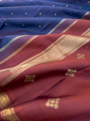 Leela - The bliss of small border Kanchivarams - rusty blue a unusual and rare tone with gorgeous chocolate tone pallu and blouse