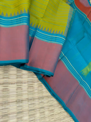 Rarest Korvai Kanchivaram - gorgeous alli pachai ( lily green ) unusual English borders with sulphate blue pallu and blouse
