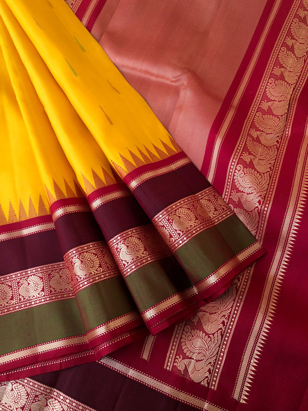 Silk Play on No Zari Kanchivaram - traditionally beautiful mango yellow and aaraku woven borders pallu and blouse