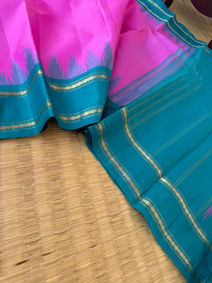 Art of Kai Korvai Kanchivaram - candy pink and teal with retta pett woven borders