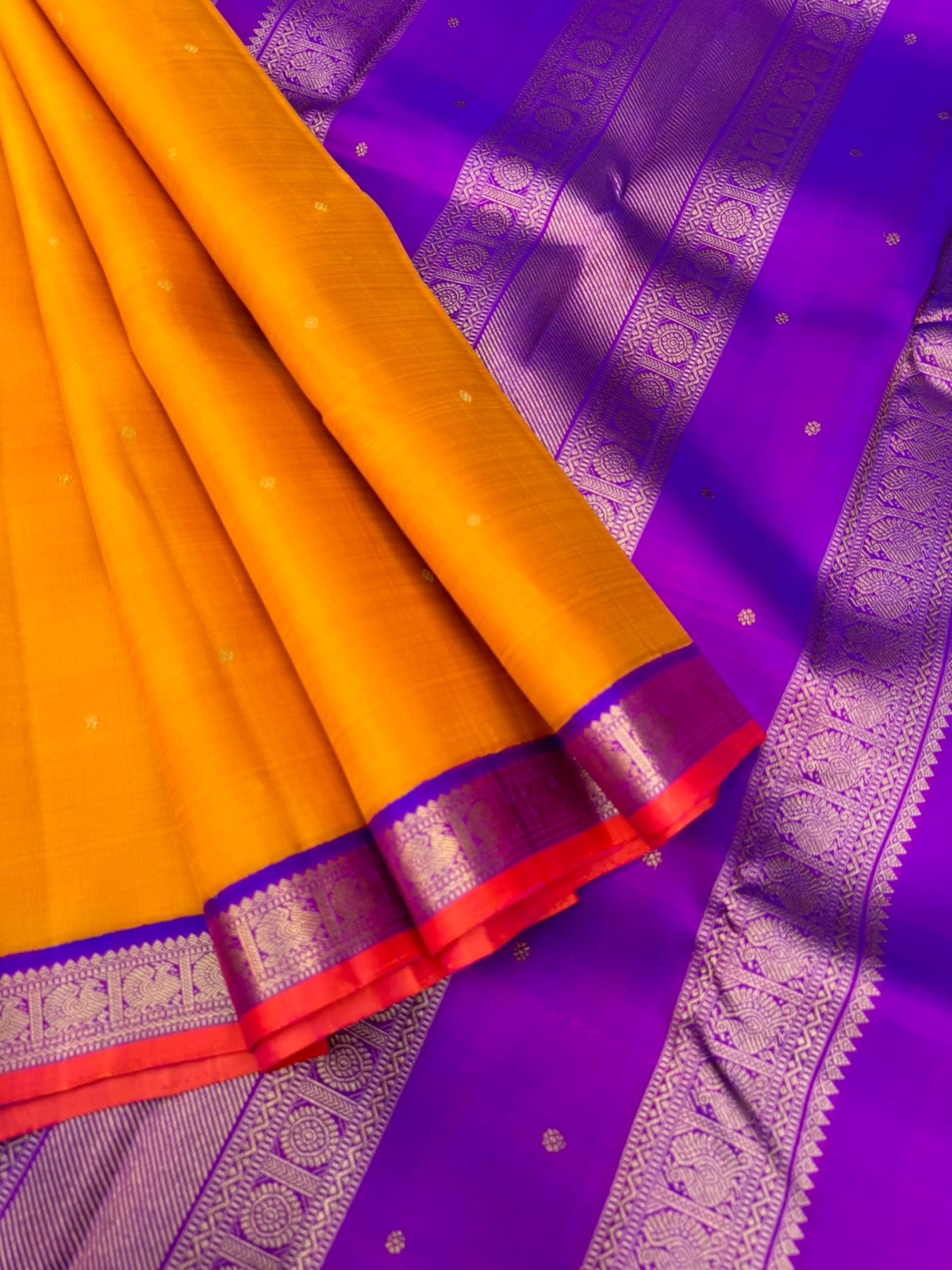 Kamakshi - Heirloom Korvai Kanchivaram - for people who love small borders in a classic vintage mustard and violet combination