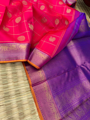 Roja - shades of red orange pink Kanchivarams - stunning pink and violet mayil chackaram