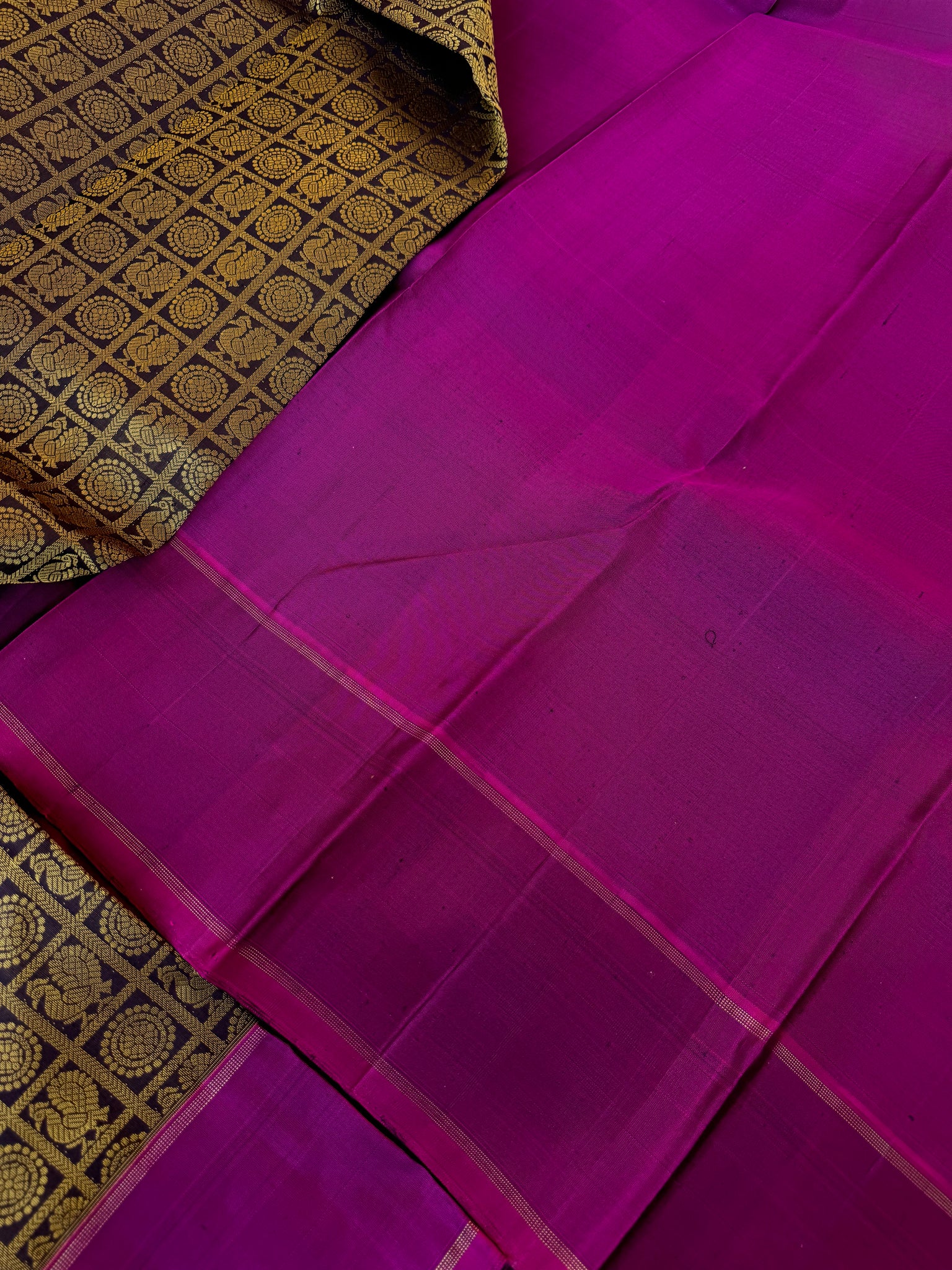 Haritham - Heirloom Yarn Play on Kanchivaram - a black and beige 1000 buttas with majenta pallu and blouse
