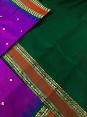 Sahasra - Beauty of No Zari Korvai Kanchivaram - most beautiful dual tone purple body and Meenakshi green mayil kann woven pallu and blouse