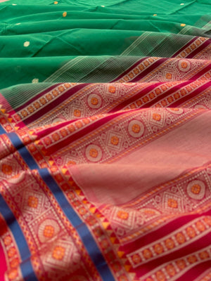 Mangalavastaram - green and red with meenakari woven borders and pallu