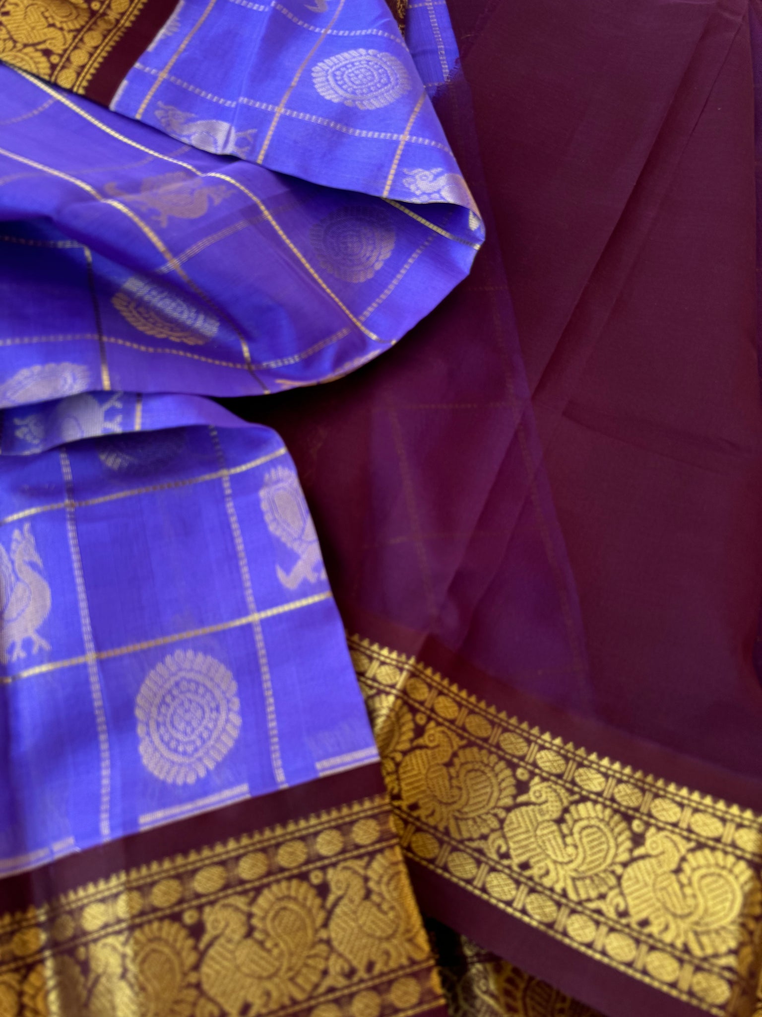 Korvai Silk Cotton - kurunji flower and burgundy Mayil chackaram
