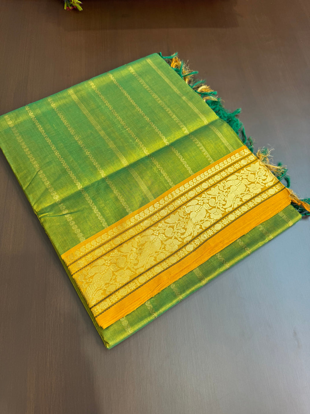 Vertical Veldhari on Zari Kissed Silk Cotton - fresh green and mustard