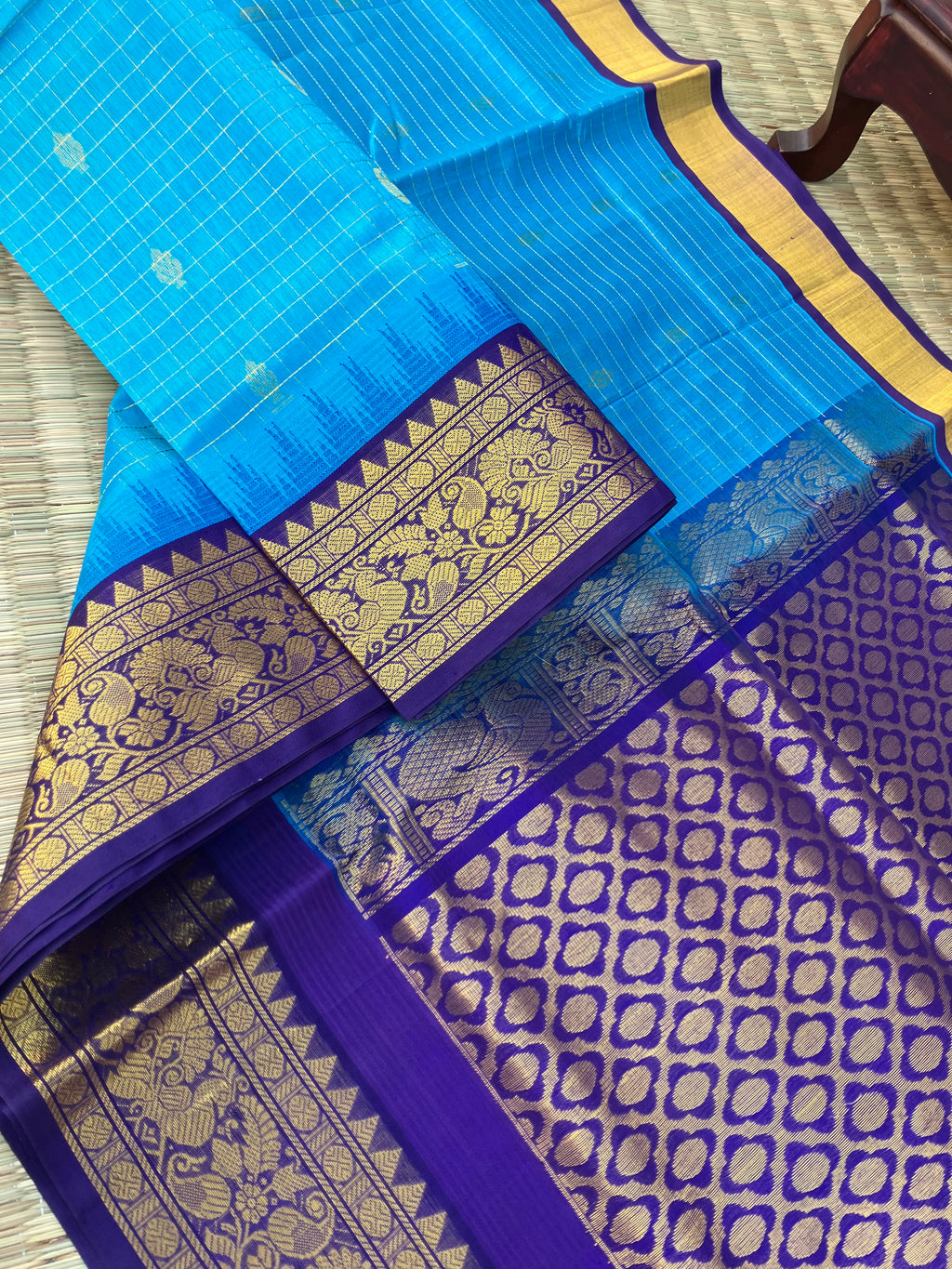 Korvai Silk Cotton - blue on blue zari kattam