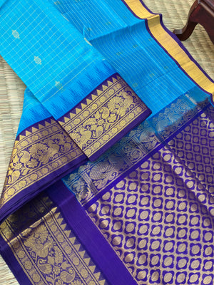 Korvai Silk Cotton - blue on blue zari kattam