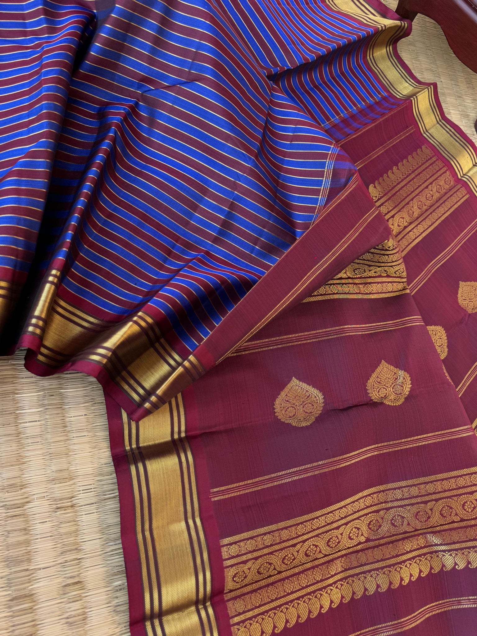 Vari - Stripes woven Kanchivaram | burgundy and blue