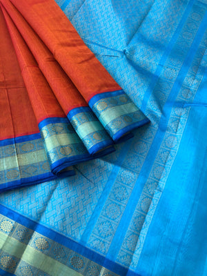 Margazhi Vibrs on Korvai Silk Cotton - rusty orange and blue
