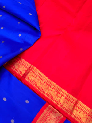 Vintage Ragas on Kanchivaram - most beautiful ms blue and red korvai Kanchivaram with vintage style peacock woven borders