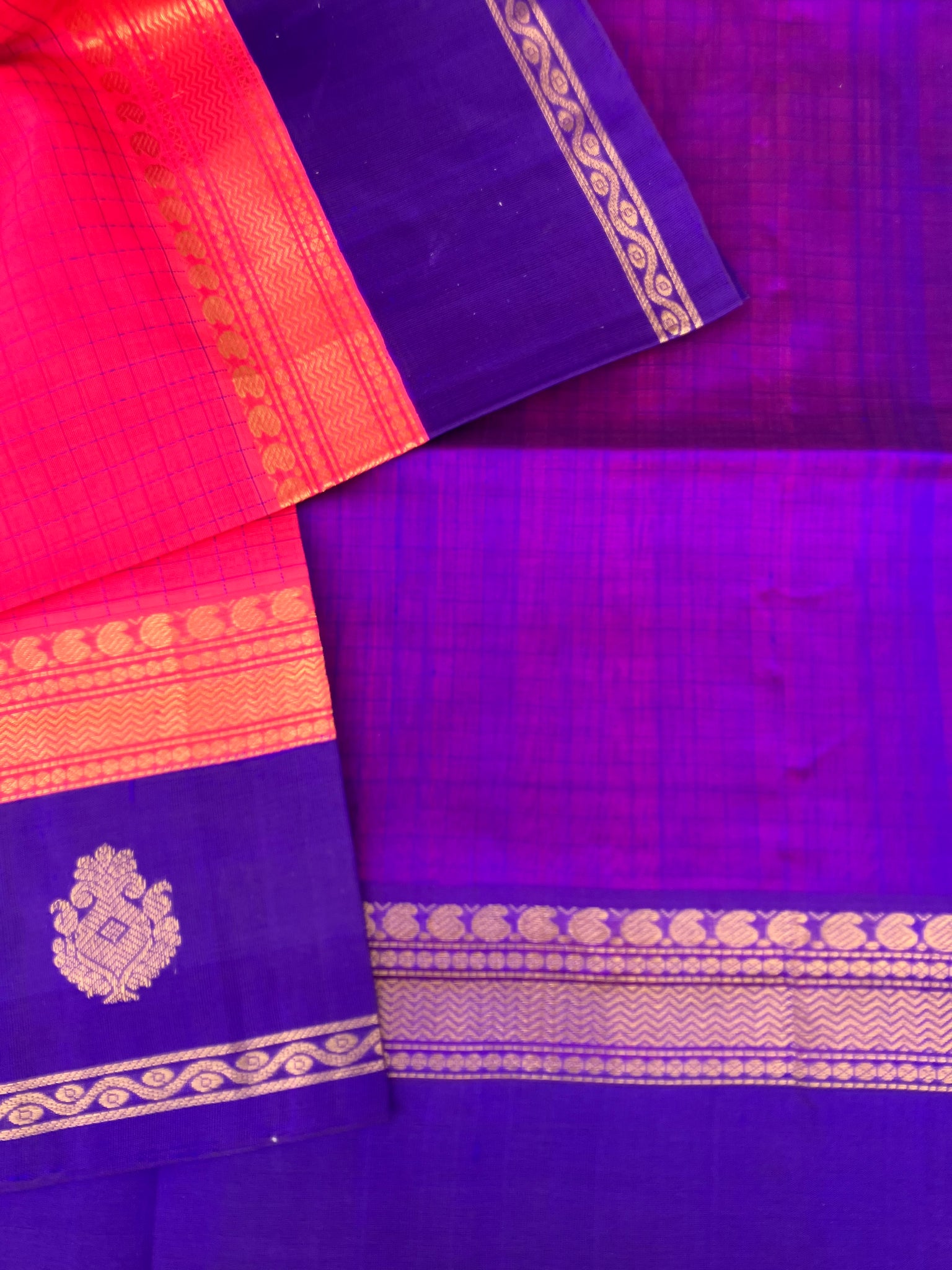 Korvai Silk Cotton - pink and violet border buttas with body chex
