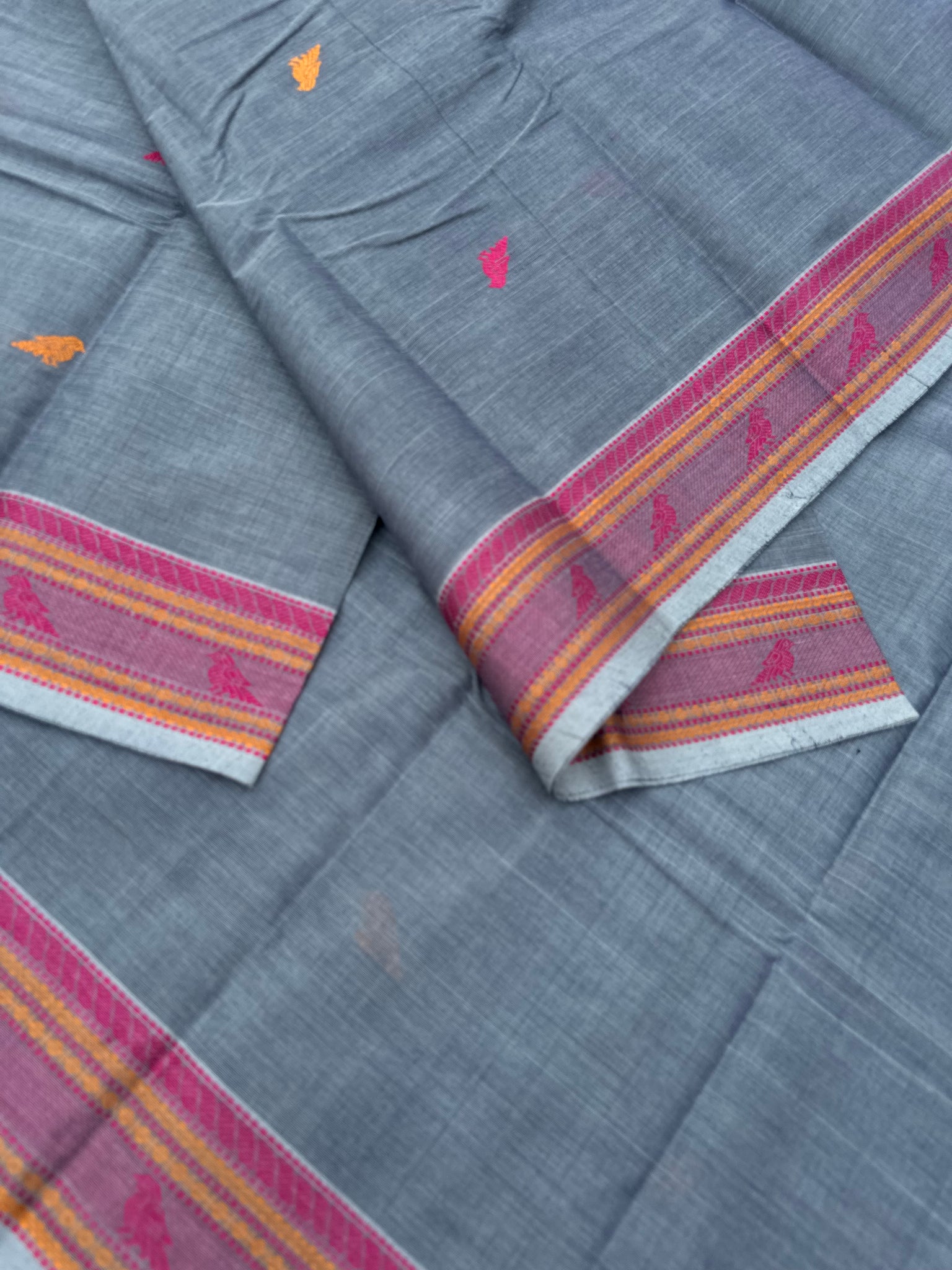 Mangalavastaram - stunning grey with parrots woven buttas