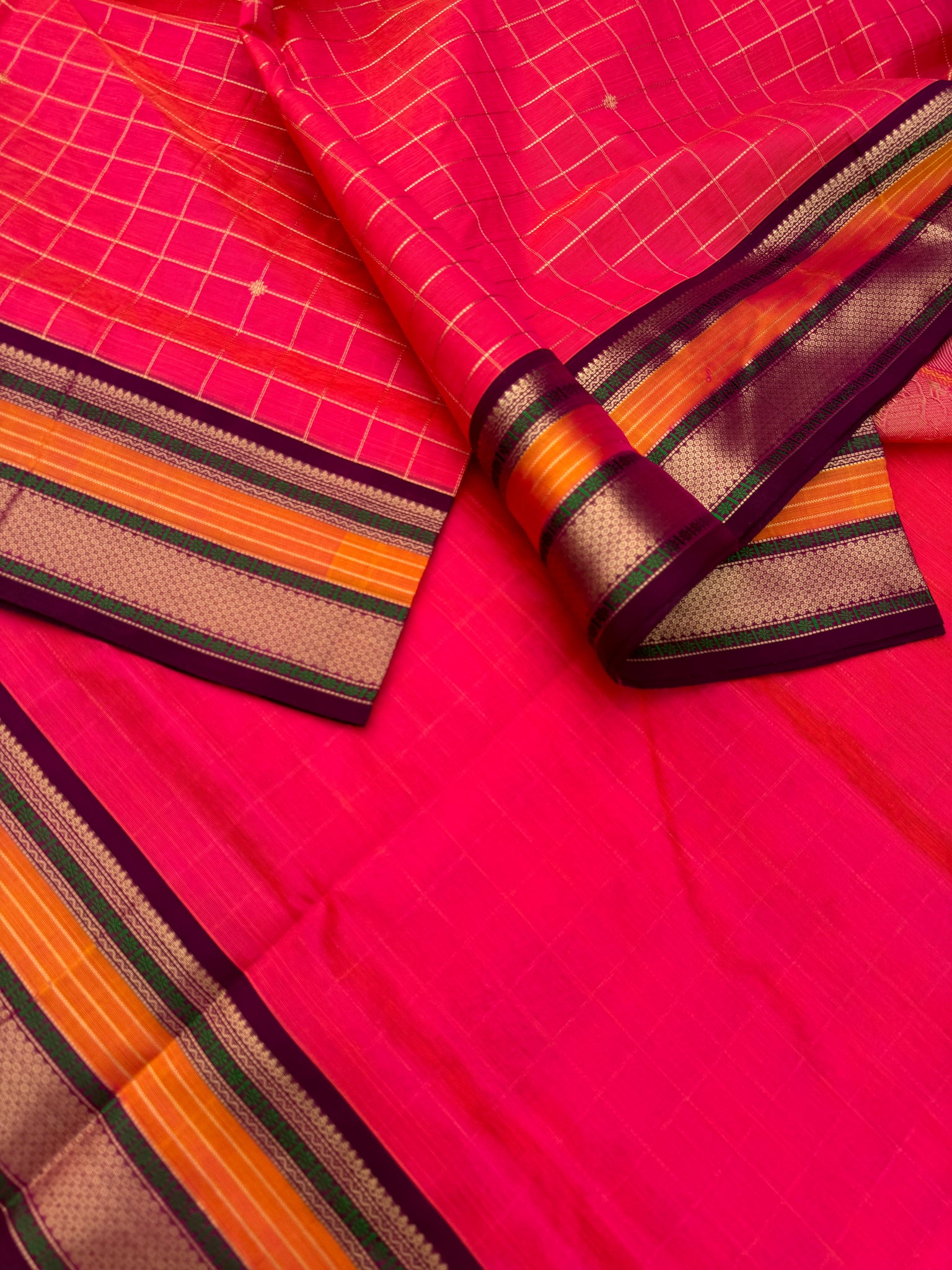 Zari Kissed Silk Cotton - orange mixed pink with muthu koortha kattam buttas