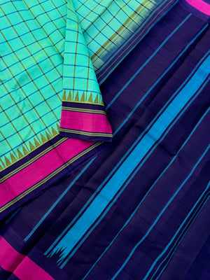 Signature Silk Cotton -aqua blue body and navy blue pallu and blouse
