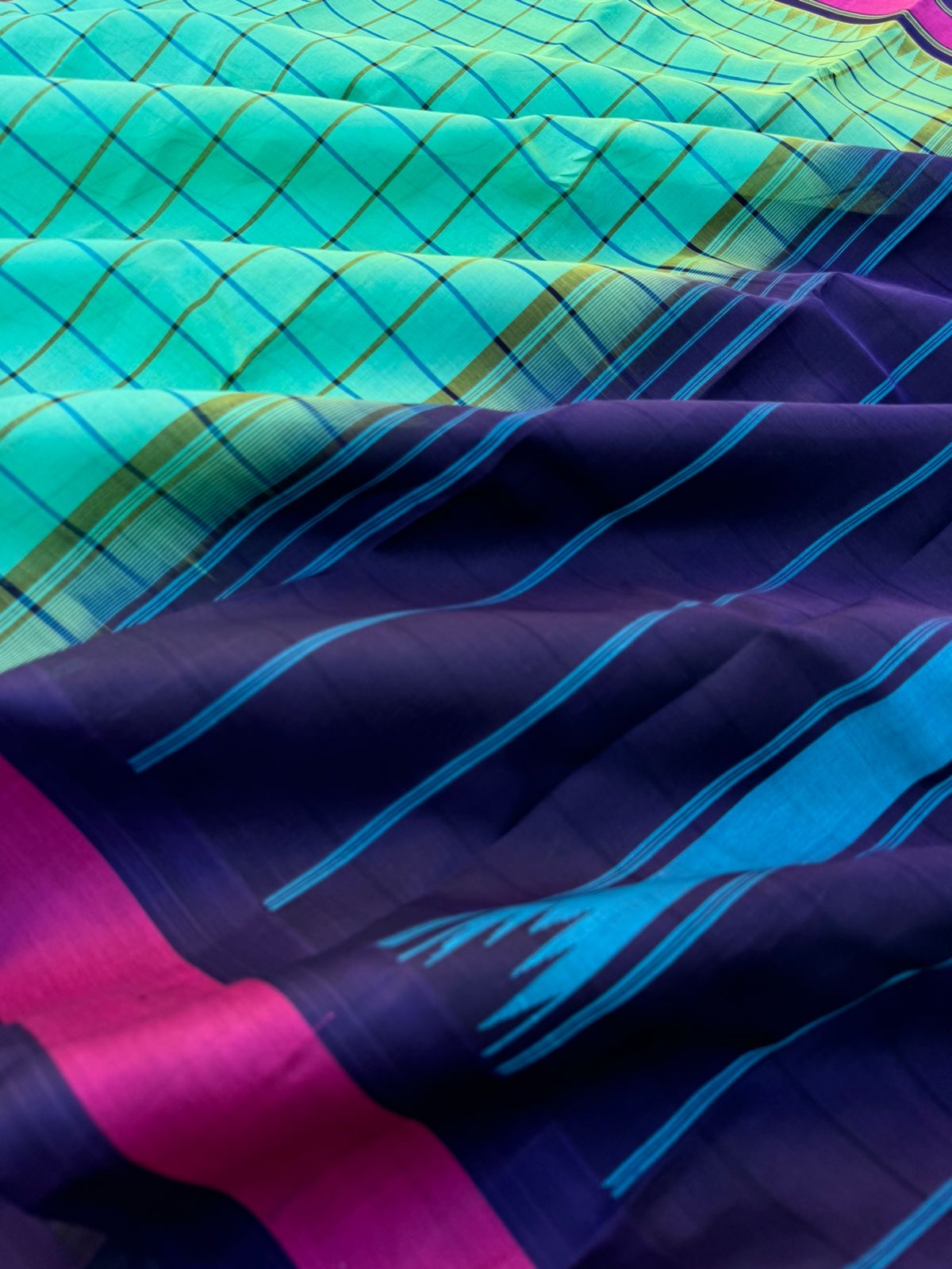Signature Silk Cotton -aqua blue body and navy blue pallu and blouse