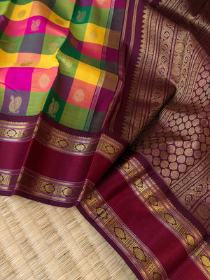Paalum Palamum Kattam on Kanchivarams - the most beautiful one of a kind paalum Palamum korvai Kanchivaram in vibrant mix of colours