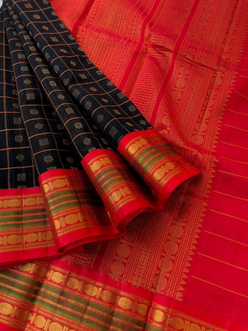 Divyam - Korvai Silk Cotton with Pure Silk Woven Borders -stunning black and red 1000 buttas