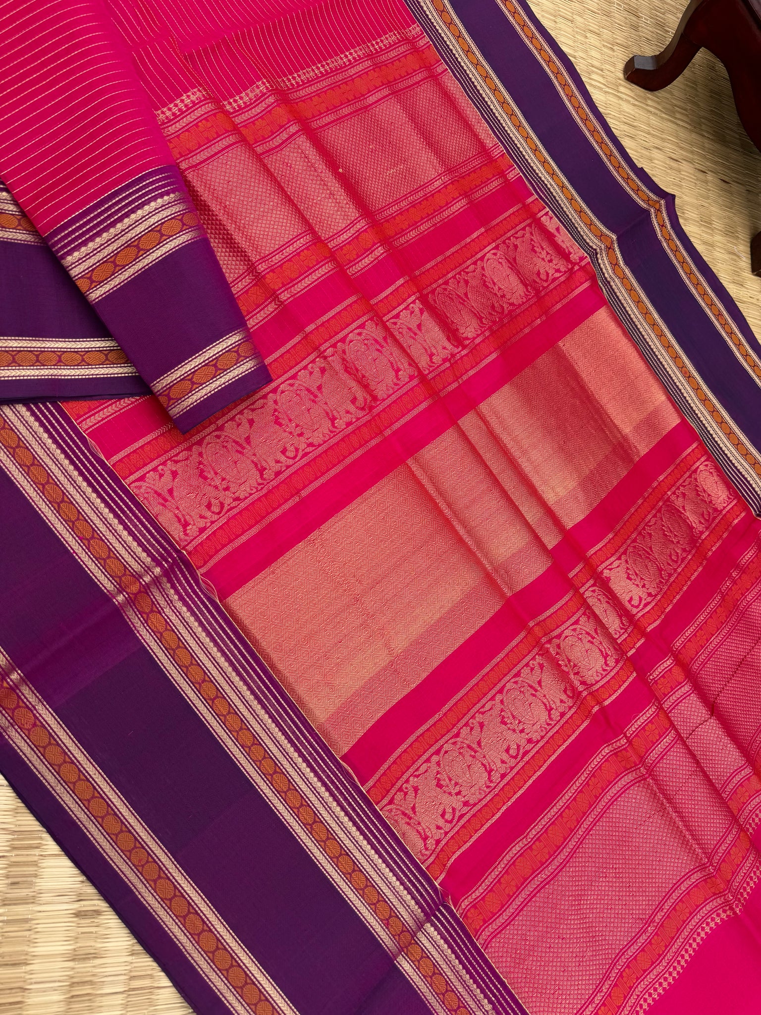 Zari Kissed Silk Cotton - a red pink and purple vairaoosi with vintage vibe borders