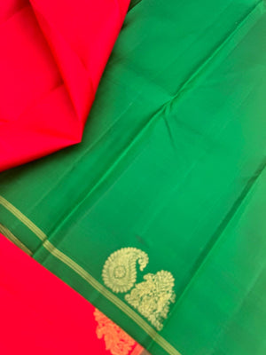 Shree - Simple and Elegant Kanchivarams - a deep red and green with buttas woven along with the borders
