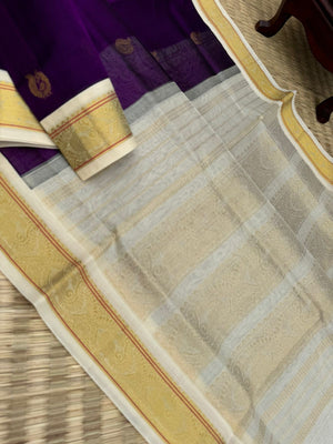 Korvai Silk Cottons - deep dark brinjal purple and off white