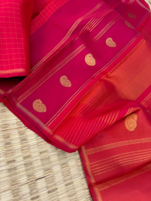 Uniquely Woven Kanchivarams - stunning red muthu kattam with unusual woven longa pallu