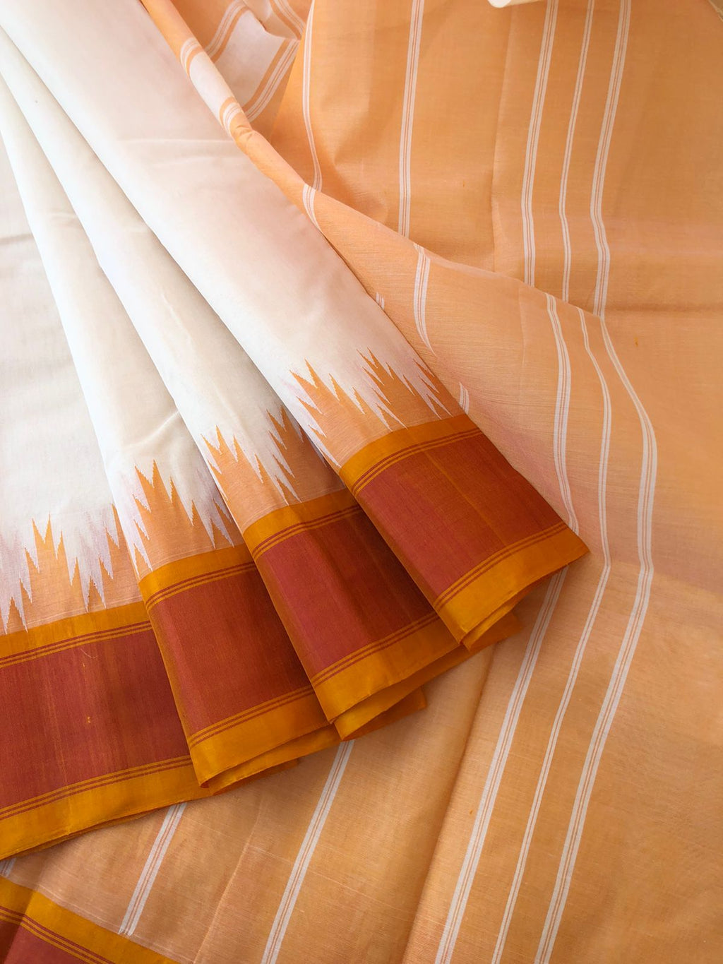 Cotton body with Pure Silk One Side Korvai Borders - off white and rust