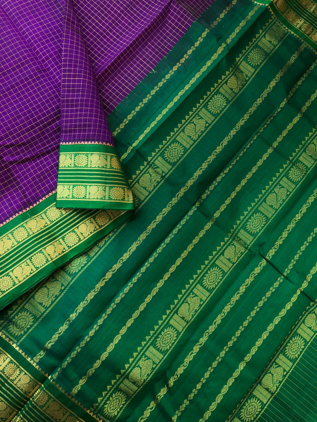 Kattams on Korvai Silk Cotton - deep purple and Meenakshi green zari kattam