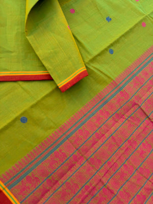 Mangalavastaram - stunning mustard mixed green with grand woven pallu