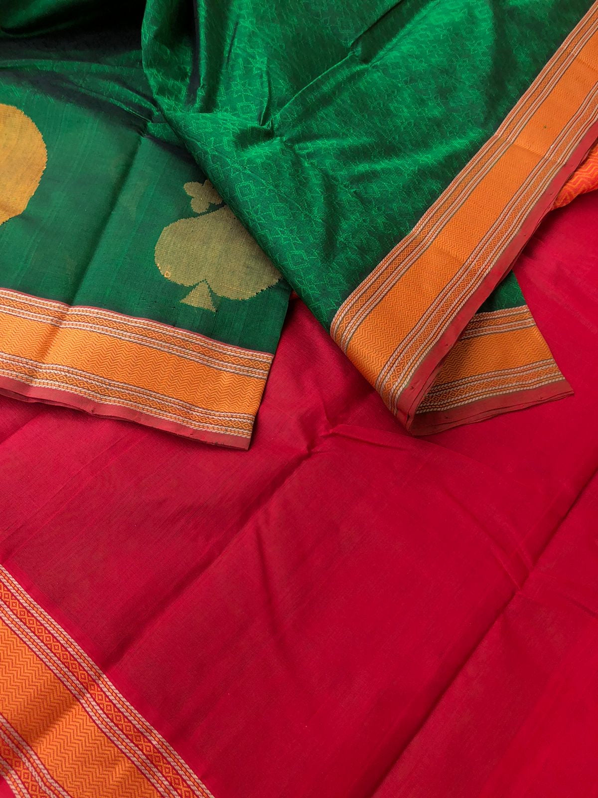 Woven Motifs Silk Cotton - Meenakshi green and red with paisley buttas