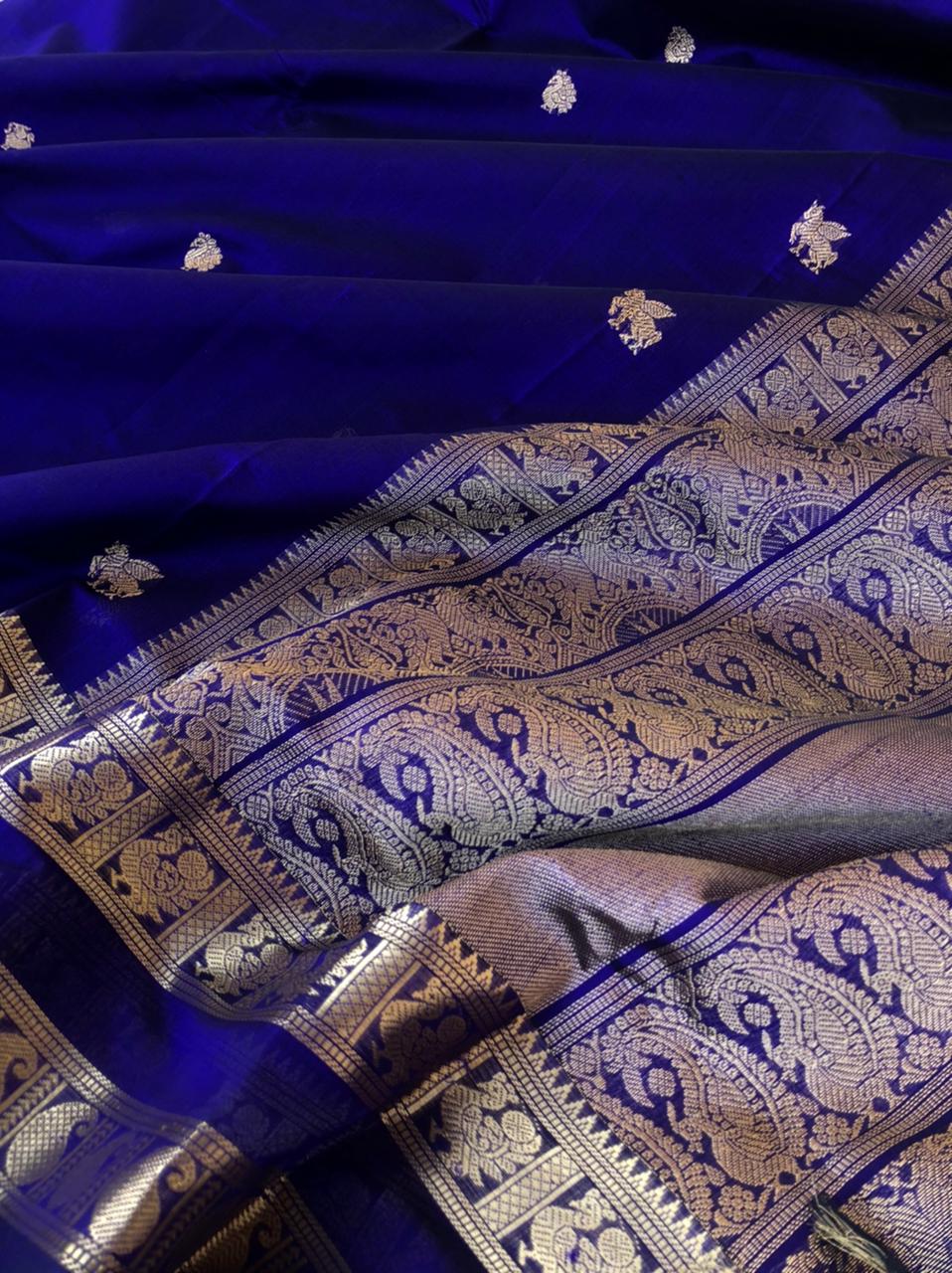 Zari Kissed Silk Cotton - deep ink blue with retta pett woven borders
