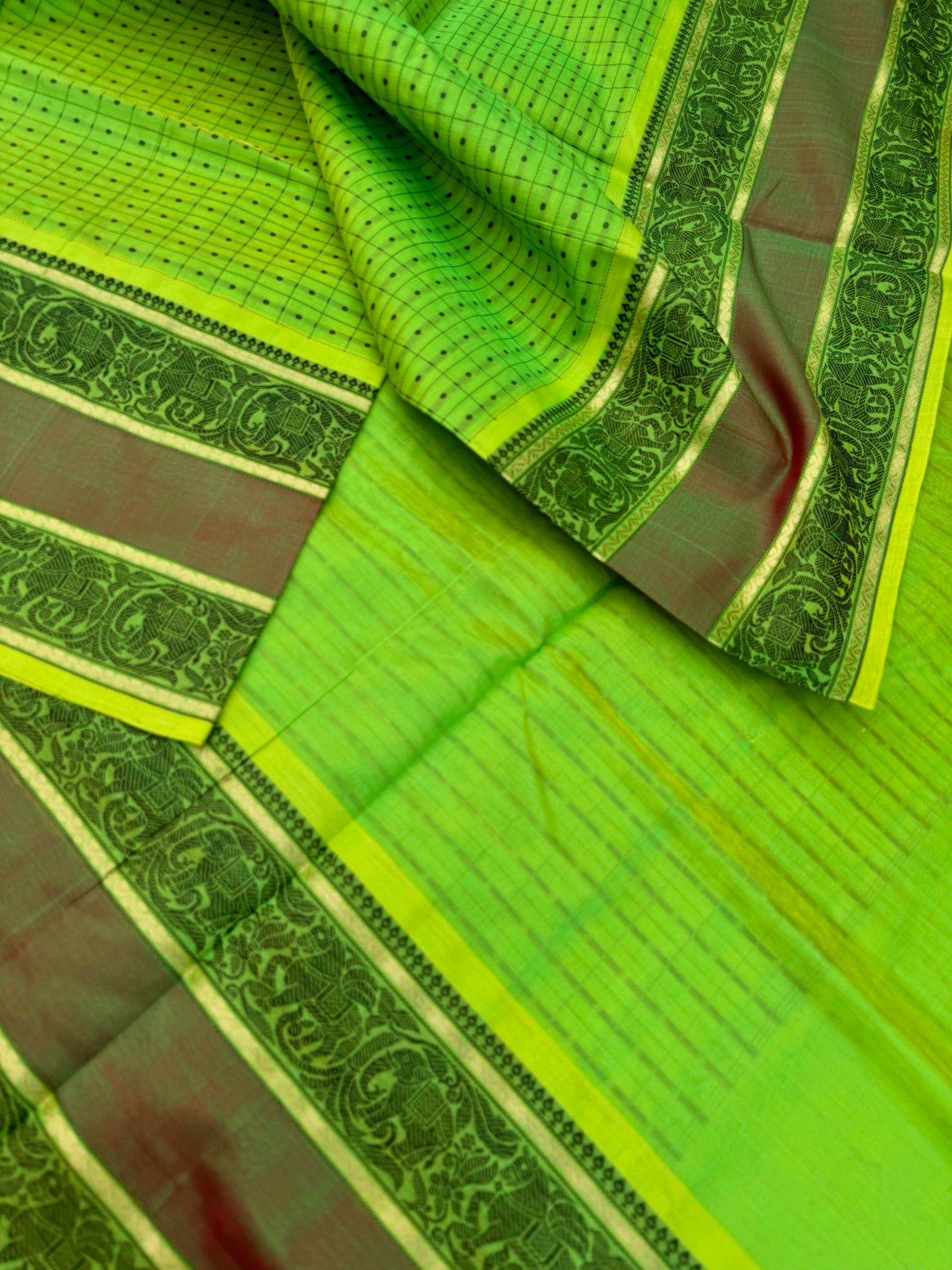 Woven Motifs Silk Cotton - fluorescent green lakshadeepam