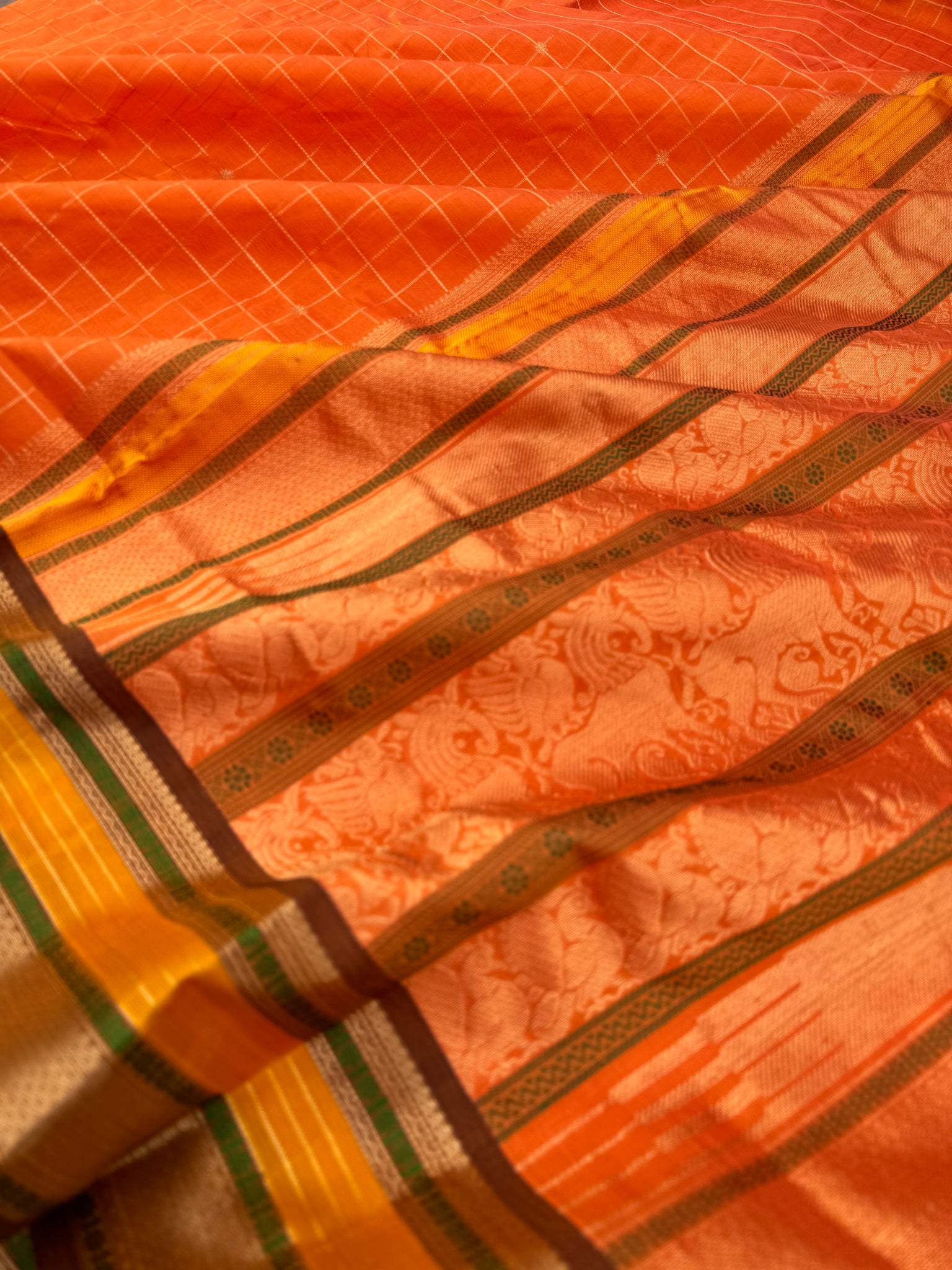 Zari Kissed Silk Cotton - a carrot tone orange with muthu koortha kattam buttas