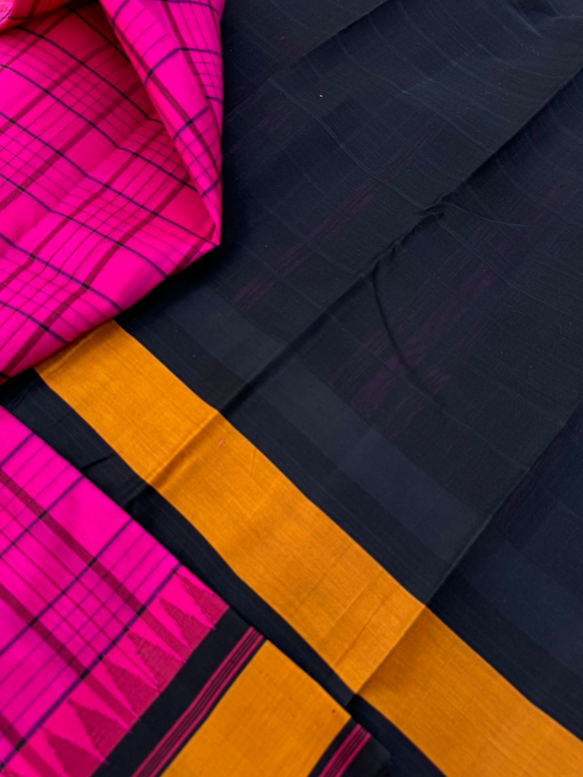 Signature Silk Cotton - pink body and mustard borders with mid night black pallu and blouse
