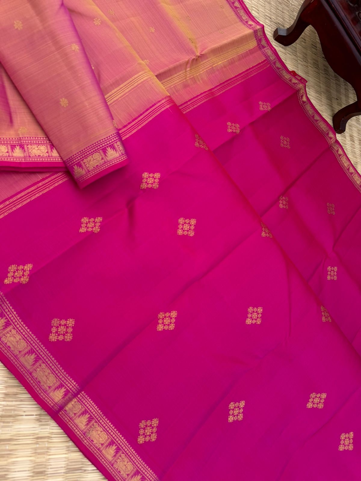 Leela - The bliss of small border Kanchivarams - a peach and pink with different styles buttas woven pallu and blouse