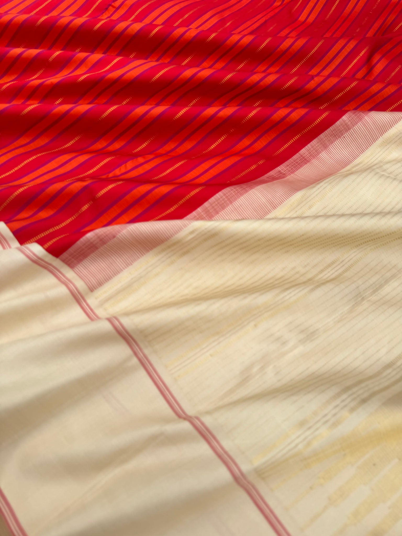 Album Vidhyasam - stunning red and ivory Korvai Kanchivaram with zari and silk stripes woven body
